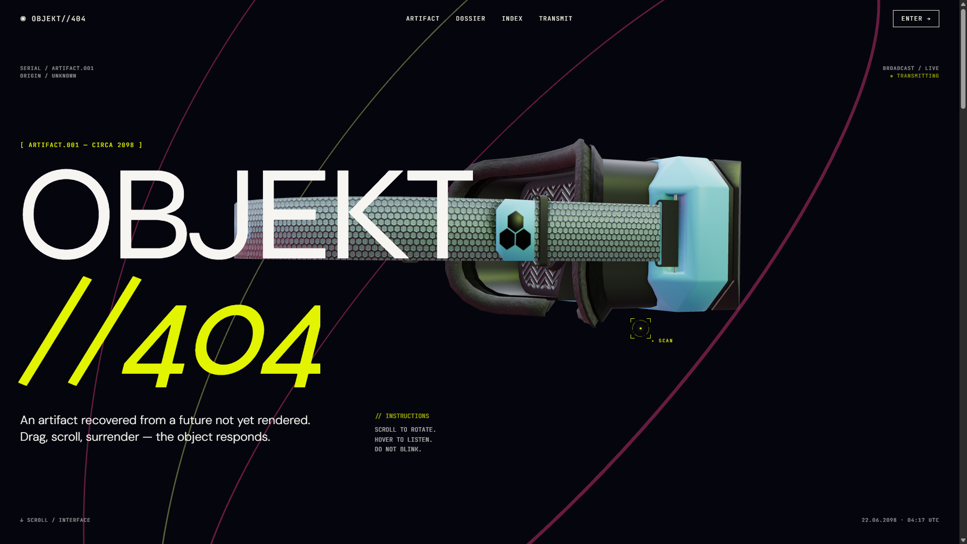 OBJEKT//404 — cinematic 3D artifact landing page preview