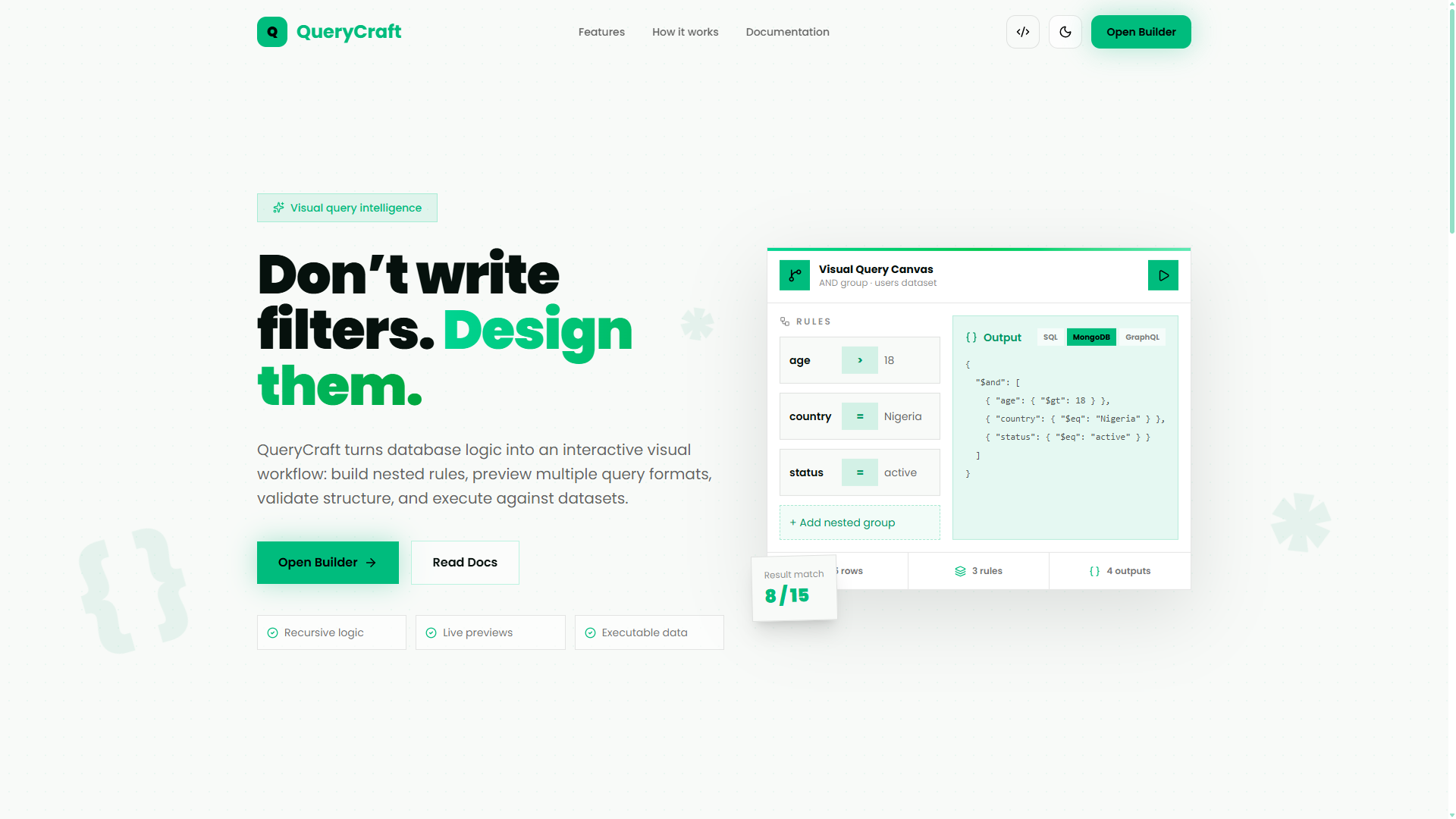 QueryCraft visual query builder — landing page preview